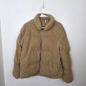 Platinum Cozy Tan Turtle Neck Outdoor Cute Puffer Sherpa Teddy Jacket Size Large
